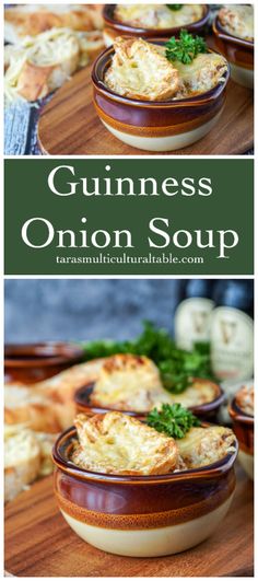 the recipe for guinness onion soup is shown in two different bowls