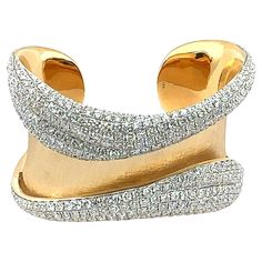 Stunning 18k satin finished cuff bracelet with 422 pave set collection color/clarity, natural round brilliant diamonds weighing 19.01 carats and 102.36 grams of 18k gold. Cuff Bangles, Brilliant Diamond, Pave Diamonds, Round Brilliant, Cuff Bracelet, Cuff Bracelets, Solid Gold, 18k Gold, Bangles