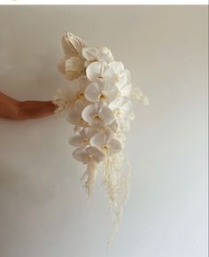 a hand holding a bouquet of flowers on a white wall with other items in the background