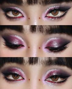 Rocky Horror Eye Makeup, Iridescent Make Up Looks, Maroon And Black Eyeshadow, Emo Barbie Makeup, Theater Makeup Looks, Drastic Makeup Looks, Purple Goth Eye Makeup, Phantom Of The Opera Inspired Makeup, Eye Shadow Inspirations