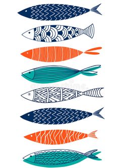 colorful fish lined up in the shape of a line on a white background with blue and orange