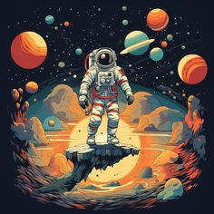 an astronaut standing on top of a rock in the middle of space surrounded by planets