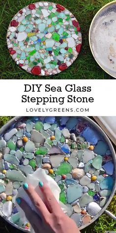 the steps to make a sea glass stepping stone table with text overlay that reads diy sea glass stepping stone