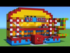 a building made out of lego blocks with the words fun house on it's side