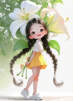 a girl with long hair holding flowers in her hands