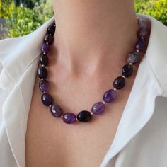 Raw amethyst crystal modern beaded necklace. Chunky statement natural gemstone beaded necklace for women. Large purple gold handmade necklace with big bead and gemstone. Big bold bohemian bright necklace in gold color are suitable for an casual look, evening look and for a holiday. These necklace will be a good Christmas, anniversary, wedding or birthday gift for women, mom, wife, girlfriend, sister or daughter. Women's necklace with natural stone. It emphasizes the beauty of your neck and adds Elegant Amethyst Beaded Necklaces For Healing, Elegant Amethyst Beaded Necklace For Healing, Elegant Amethyst Necklace For Healing, Handmade Elegant Amethyst Beaded Necklaces, Elegant Gemstone Beaded Necklaces For Healing, Elegant Amethyst Gemstone Bead Necklaces, Elegant Amethyst Beaded Necklaces With Stones, Elegant Gemstone Beaded Necklace For Healing, Elegant Amethyst Gemstone Beads Necklace