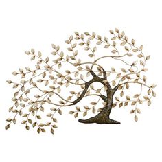 a metal tree with white leaves on it