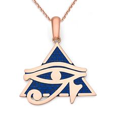 Love innovation? Looking for the new trend? We've taken fine jewelry and combined in with the art of enamel to produce eye popping pieces, adding much needed flavor to the traditional ways of jewelry. What are you waiting for? Differentiate yourself with this one of kind Eye of Horus Pyramid piece! Product Information Metal Type: 10k or 14k Yellow/Rose/White Gold Weight: 10k - 2.7 g | 14k - 2.8 g Pendant Size: Height - 1.25 inch | Width - 1 inch Enamel Color: Blue Chain Information Type: Rolo Ch Evil Eye Enamel Jewelry As A Gift, Evil Eye Enamel Jewelry Gift, Rose Gold Enamel Fine Jewelry, Symbolic Rose Gold Pendant Jewelry, Rose Gold Symbolic Pendant Jewelry, Luxury Enamel Inlaid Jewelry, Symbolic Blue Engraved Necklaces, Symbolic Blue 14k Gold Jewelry, Yellow Gold Enamel Jewelry With Inlay