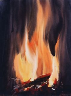 a painting of fire and flames on a black background