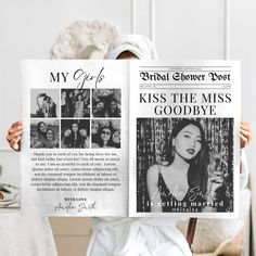 a woman holding up a newspaper with photos on it and the caption'kiss the miss goodbye '