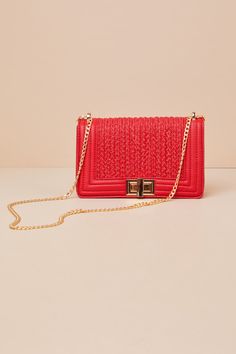 Meet up with the girls in chic style with the Lulus Let's Go Out Later Red Braided Crossbody Bag! Faux leather shapes this trendy structured crossbody bag that has braided accents and a shiny gold turn clasp with a matching chain strap. The roomy interior has a zippered side pocket and three sidewall pockets that are perfect for stashing those cards you always need handy! Lined. Bag Measures 9" Wide, 5. 5" tall, And 3" Deep (Relaxed). Adjustable 45" Shoulder Strap. Strap Has a Drop Between 12. 5 Summer Party Leather Bags, Luxury Summer Fashion Bags, Chic Flap Bag With Gold-tone Hardware For Party, Summer Formal Bags With Gold-tone Hardware, Luxury Summer Bag With Chain Strap, Formal Summer Bags With Gold-tone Hardware, Gold Shoulder Bag With Braided Handles For Formal Occasions, Chic Party Flap Bag With Gold-tone Hardware, Formal Summer Satchel Shoulder Bag