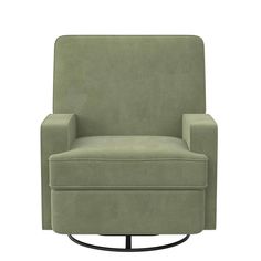 a light green chair with a black metal base and foot rest on an isolated white background