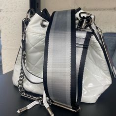 Awesome Bag! You Will Receive Many Compliments, As This Is Very Original, And Very Unique White Adjustable Crossbody Bag Strap, Trendy White Shoulder Bag With Silver-tone Hardware, White Shoulder Bag With Strap, Chic White Adjustable Bag Strap, White Crossbody Bag Strap For Travel, White Bucket Bag With Detachable Strap Satchel, Trendy White Bag With Silver-tone Hardware, Chic White Bag Strap With Detachable Feature, Everyday White Adjustable Bag Strap