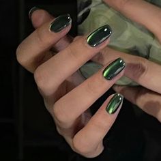 Emerald Green Nail Art Designs, Nails Music Festival, Oval Nail Extensions, Nails Dark Feminine Energy, Green Fall Manicure, Dark Green Holographic Nails, Mail Inspo Dark Green, Black Nails Green Glitter, S Size Nails