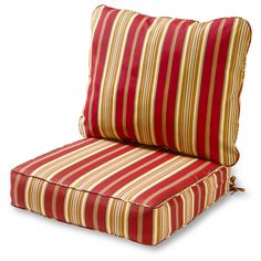 a red and yellow striped chair cushion