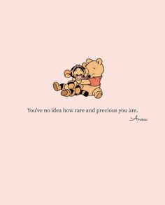 two winnie the pooh bears hugging each other on a pink background with text that reads,