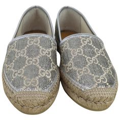 Gucci Women's Espadrilles Heritage Monogram Gg Lame Silver Color Size 37, 40 Dm43 Brand Gucci Style Espadrilles Shoes Color Silver Closure Slip On Features Silver Tone Espadrilles From Gucci. Knitted In Lurex Yarn With Label's Signature Monogram, This Pair Comes With Leather Trims And Beige Rubber Sole At The Base. This Espadrilles Run One Size Small. Shoe Sole: Gum, Shoe Heel Flat. Silver Metallic Leather Trim Cord Platform With Rubber Bottom. New With Box Material Nappa Leather, Lame Lining Ma Elegant Gucci Espadrilles With Round Toe, Designer Flat Espadrilles With Rubber Sole, Luxury Gucci Espadrilles For Summer, Gucci Espadrilles With Round Toe And Branded Insole, Designer Closed Toe Espadrilles With Branded Insole, Luxury Flat Espadrilles With Woven Sole, Gucci Designer Espadrilles With Round Toe, Designer Gucci Espadrilles With Round Toe, Gucci Designer Closed Toe Espadrilles