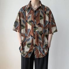 Korean Shirts, Geometric Sleeve, Rayon Shirt, Floral Print Shirt, Popular Outfits, Korean Outfits, Shirts For Men, Print Shirt, Graphic Shirts