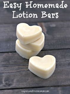 homemade lotion bars are stacked on top of each other with the words easy homemade lotion bars