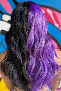 Split dyes are the move this spooky szn! @elda.almodovar is ready with # ultraviolet! Drop a 💜 if you're rocking a similar shade below! #purple #purplehair #purplehairgoals #split #splitdye #splitdyetrend #raven #black #blackhair #ravenhair #ultraviolethair #hairstyle #hairstyles #hairdo #hairtrends #trendyhair #manicpanicnyc #manicpanic #hairdye #haircolor #coloredhair #dyedhair #hairidea #hairinspiration #hairgoals #vegan #veganbeauty #crueltyfree #veganbrand #veganbrands #crueltyfreebeauty Dark Winter Hair Color, Dark Winter Hair, Half And Half Hair, Split Dye, Split Dyed Hair, Dyed Hair Purple, Cute Hair Colors, Spooky Szn, Dyed Hair Inspiration