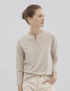 Henley | håndværk Classic Stretch Tops For Business Casual, Classic Tops For Workwear, Classic Stretch Tops For Work, Timeless Relaxed Fit Workwear Tops, Timeless Relaxed Fit Tops For Work, Classic Neutral Tops For Layering, Elegant Fine Knit Elastane Tops, Classic Fall Top With Concealed Placket, Classic Fall Viscose Tops