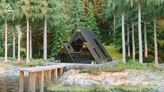 an artistic rendering of a cabin in the woods with trees surrounding it and a dock