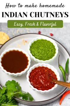 These 3 Indian chutneys are essential to making most Indian chaats, and they are the popular dipping sauces for samosa or any appetizers. Learn how to make and store them easily, so you can have them ready for your chaat cravings! | Best dip ever | Indian food recipes | Vegan dips and sauces | pipingpotcurry.com Indian Samosa Dipping Sauce, Samosas Dipping Sauce, Sauce For Samosas Indian, Samosa Sauce Recipe, Samosa Dipping Sauce Easy, Chutney For Samosas, Samosa Sauce Easy, Samosa Chutney Recipes, Sauce For Samosas