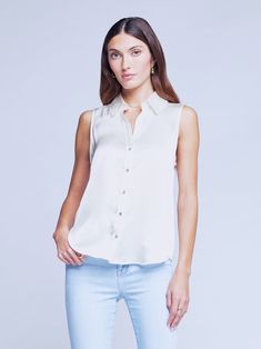 L'AGENCE Emmy Blouse in Ivory Sleeveless Silk Blouse, Ivory Silk, Mother Of Pearl Buttons, Fit Style, Blouse Top, Sleeveless Blouse, Black Blouse, Silk Blouse, Summer Collection