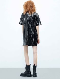 MO&Co. Women's Sequin T-shirt Dress Sparkle and shine in this eye-catching dress! Featuring a glittering sequin design, a flattering T-shirt silhouette, plus letter pattern sequins detailing on the front, this mini-length dress will add a pop of glamour to your wardrobe. Be the life of the party in this dazzling T-shirt dress! Features : - Allover sequin design with letter details- T-shirt dress silhouette- Crew ribbed neck Code: MBC3DRS044The back length of size S is 78cmMATERIALS & CARE Materi Sequin T Shirt Dress, Design With Letters, Dress Sparkle, Shirt Silhouette, Sequin Design, Life Of The Party, Dress Silhouette, Black Shirt Dress, T Shirt Dress