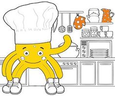 a cartoon banana wearing a chef's hat standing in front of a kitchen counter