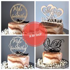 four different cakes with the words make and sell on them in gold, silver or black