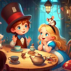 two children sitting at a table in front of a mouse and other characters eating food