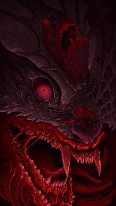 a dragon with red eyes and fangs on it's face, in the dark