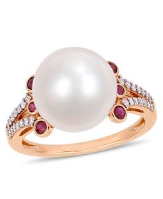 This bold cocktail ring is crafted in 10-karat rose gold and features an 11-12mm cultured freshwater pearl at the center with six-rubies and 28 sparkling diamonds. Enhanced with a high polish finish, add a touch of style, glamour and elegance to any ensemble with this gorgeous ring. Macy's White Formal Rings, Elegant White Diamond Ring From Macy's, Macy's Elegant White Diamond Ring, Elegant White Rings From Macy's, Macy's White Round Cut Rings, Macy's White Fine Jewelry Ring, Macy's White Round Rings, Macy's White Diamond Ring, Ruby And Pearl Ring