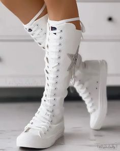 Lasaky - Canvas boots with laces and pompoms with eyelets Knee High Sneakers, Purple Sneakers, Canvas Boots, Stunning Shoes, Jumpsuit Outfit, Zipper Boots, Gym Shoes, Round Toe Heels, Boots Knee