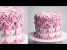 two pictures of a pink and white cake with icing decorations on the top, one is