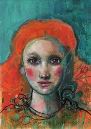 a painting of a woman with red hair and green eyes, wearing an orange headdress