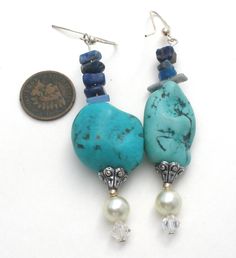 Hand Made Statement Jewelry - This is a substantial pair of silver dangle drop pierced earrings with large turquoise nuggets, blue sodalite, faux pearls and aurora borealis crystal beads. They 3.25" long and are slightly over .75" wide and weigh 25.6 grams. Aurora Borealis Crystal, Blue Sodalite, Vintage Turquoise, Earrings Vintage, Pierced Earrings, Aurora Borealis, Earings Piercings, Statement Jewelry, Vintage Earrings