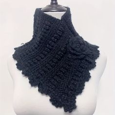 Cozy Crochet Triangle Neck Scarf - Neck Gaiters for Autumn Winter - Warm, Elegant, and Personalized Solid Color Neck Cover with Knit Flower Design Beige Color Cozy Black Hand Knitted Pattern, Black Crochet Scarves For Winter, Neck Cover, Cozy Crochet, Crochet Triangle, Outwear Women, Knitted Flowers, Neck Gaiters, Neck Scarf