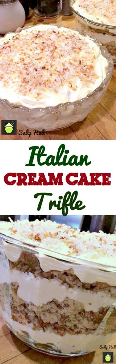 an image of italian cream cake trifle in pie pans on the table with text overlay