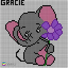 a cross stitch pattern with an elephant holding a flower in it's paws and the words, grace