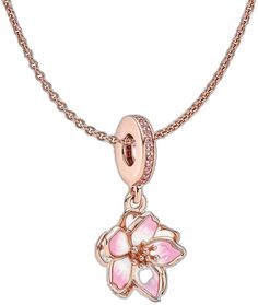 Pink Enamel Jewelry With Flower Charm, Rose Gold Enamel Charms Jewelry, Rose Gold Charm Necklaces With Flower Pendant, Pink Enamel Flower-shaped Jewelry, Elegant Pink Charm Necklaces, Rose Gold Flower Charm Necklaces, Pink Elegant Charm Necklaces, Pink Flower Charm Necklace With Flower Pendant, Rose Gold Charm Necklaces With Flower Shape And Charm