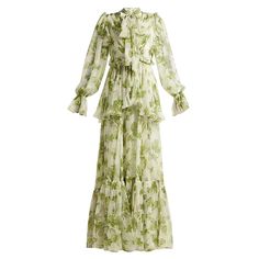 Dresses Design, Ruffles Fashion, Chiffon Gown, Green Flower, Lantern Sleeve, Sleeves (women), Bohemian Dress, Print Chiffon, Leaf Print