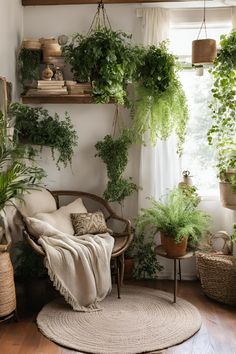 a living room filled with lots of green plants