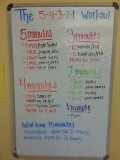 a whiteboard with the five minute workout plan on it's side and an orange marker in front of it