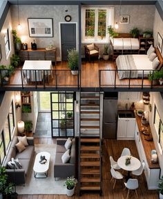 an aerial view of a living room, dining and kitchen area in a model home