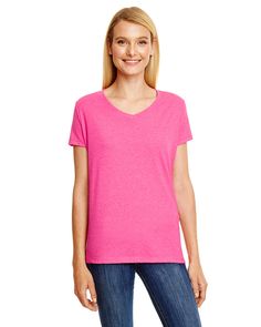 Ladies' X-Temp® Triblend V-Neck T-Shirt - JZZBRRY PNK TRBL - S | Hanes Women's X-Temp Triblend V-Neck T-Shirt in Jazzberry Pink Size Small | Cotton/Polyester Blend Blank Apparel, Sweatshirt Fabric, Modern Fit, Custom Tshirts, Neck T Shirt, Apparel Accessories, Shirts Tops, V Neck T Shirt, Fashion Outfits