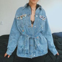 Embellished By Hand- Jewels And Pearls Fits Most Sizes Two Functioning Pockets In Front & Two Chest Pockets Light Wash Denim- Longline & Belted By Insta User Cheap Paints Custom Rhinestone, Light Wash Denim Jacket, Rhinestone Belt, Embellished Denim, Custom Jacket, Baby Jacket, Light Wash Denim, Denim Wash, Custom Clothes