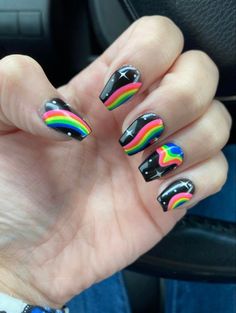 Black Nails With Rainbow Design, Short Rave Nails, Black Trippy Nails, Black Nails With Bright Colors, Rainbow Goth Nails, Pride Nails Black, Black And Bright Nails, Black And Colorful Nails, Non Binary Nail Art