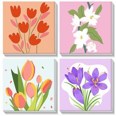 four square paintings with flowers on them